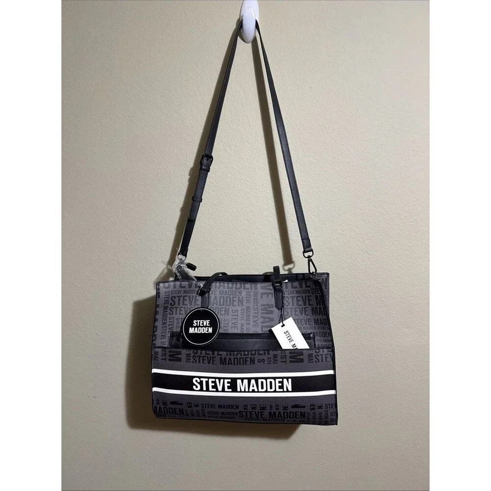 Steve Madden Black Bolivia Tote Logo Bag with Interior  Pouch Black